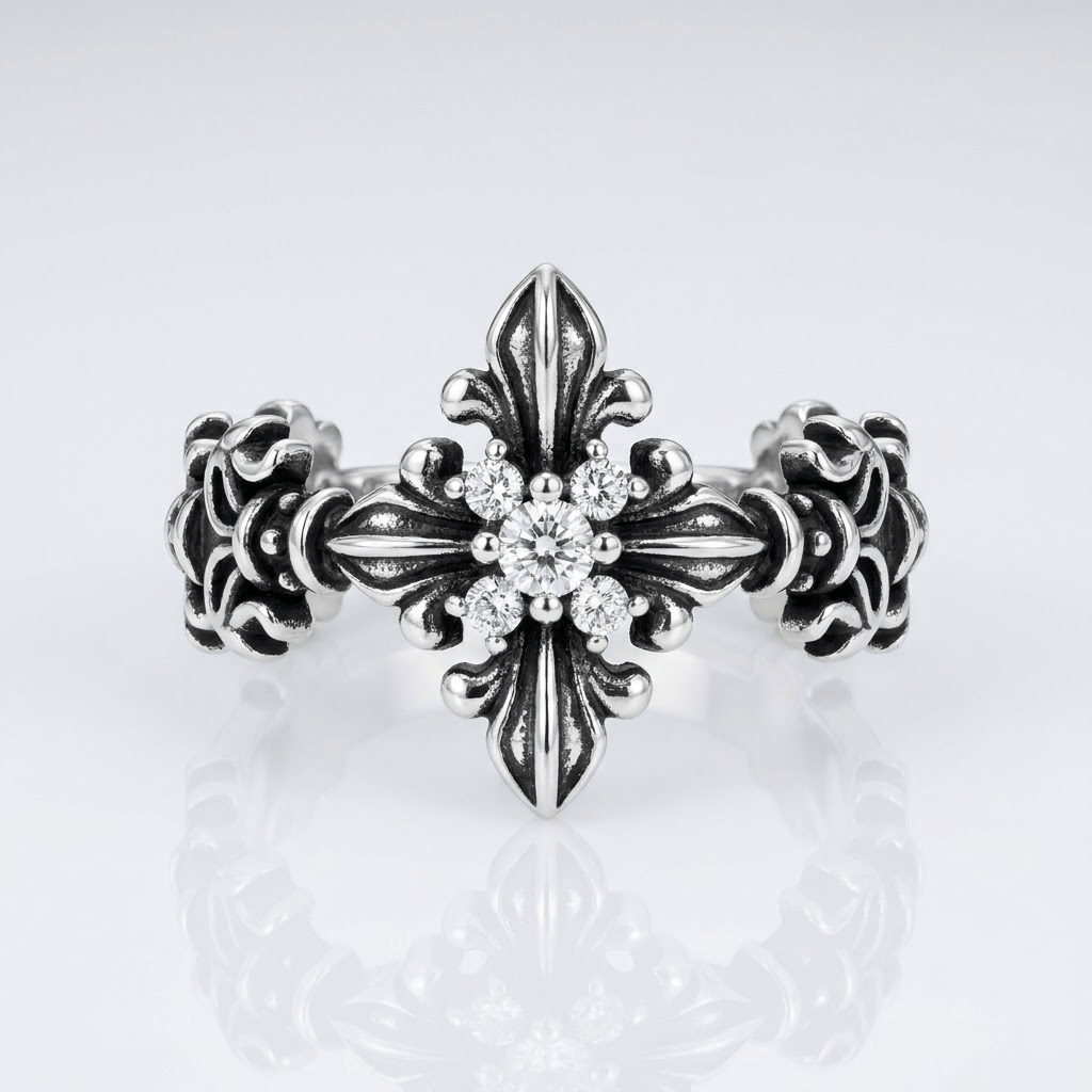 Retro Zircon Royalty Cross Ring - (adjustable)