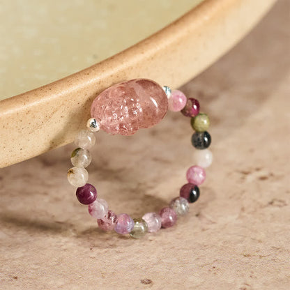 Buddha Stones 3mm Mini Beads Natural Moonstone Tourmaline Garnet Pearl Strawberry Quartz Pixiu Healing Elastic Ring