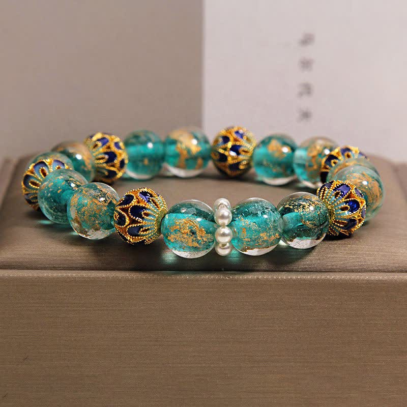 Buddha Stones Liuli Glass Bead Gold Leaf Cloisonné Purity New Chinese Round Bracelet