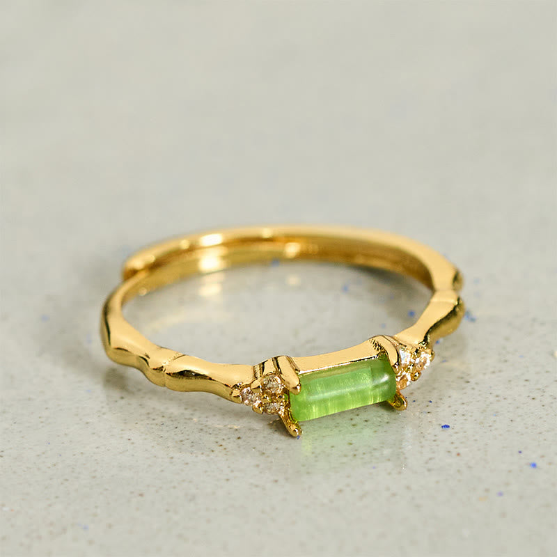 Buddha Stones Natural Green Agate Square Bamboo Copper Adjustable Ring