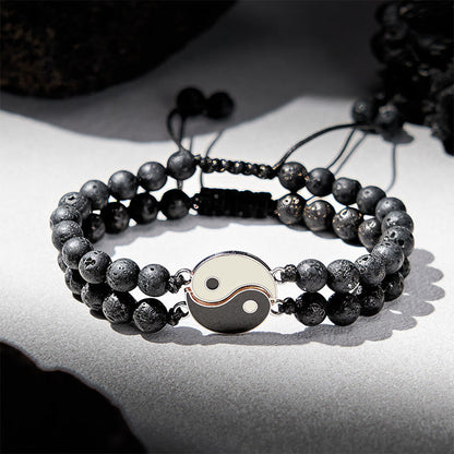Buddha Stones Yin Yang Hematite Frosted Stone Lava Rock Support Bracelet