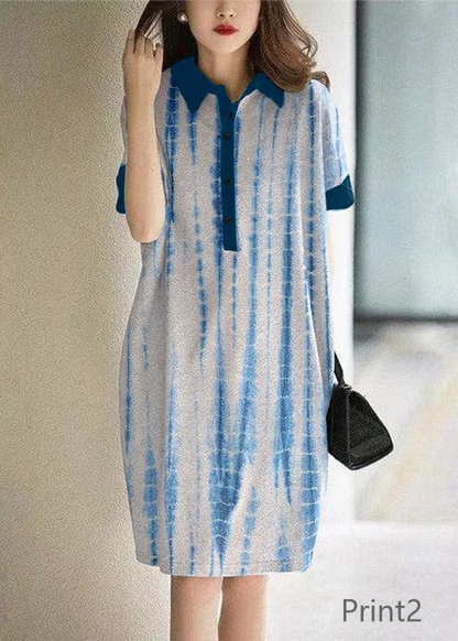 Print1 Peter Pan Collar Button Cotton Maxi Dresses Short Sleeve