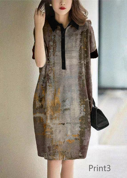 Print3 Peter Pan Collar Button Cotton Maxi Dresses Short Sleeve