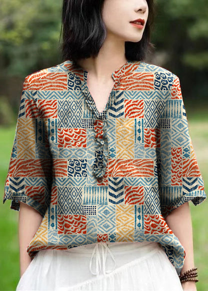 Unique Brown V Neck Embroidered Linen T Shirts Half Sleeve