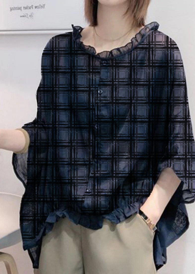Art Green Print Tops Ruffles Trim Half Sleeve Shirts Blouse