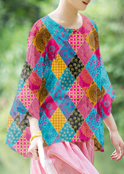 Natural Black Butterfly O Neck Print Chinese Button Linen Shirt Summer