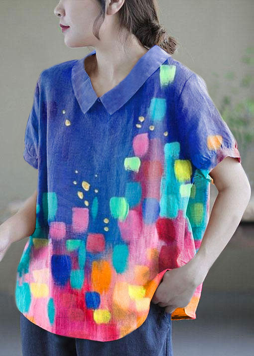 Pink Peter Pan Collar Patchwork Summer Ramie Shirts Short Sleeve