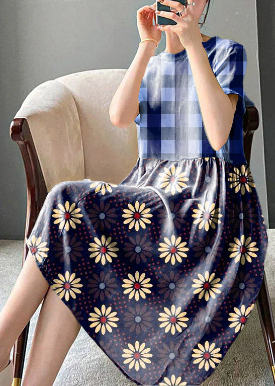 Brief Grey Polka Dots O-neck Patchwork Cotton Blend Dress Short Sleeve