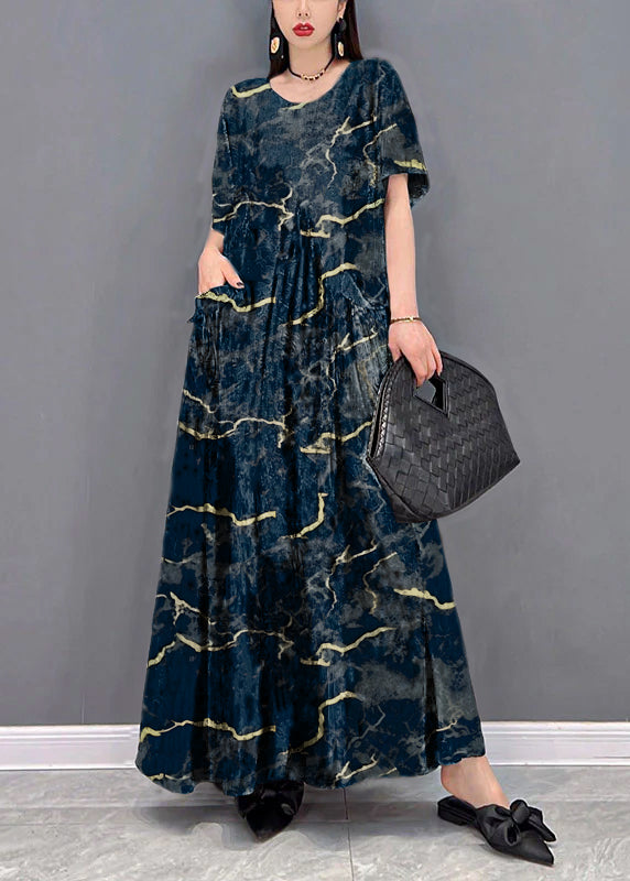 Black Flower O-neck Print Pockets Long Dresses Short Sleeve