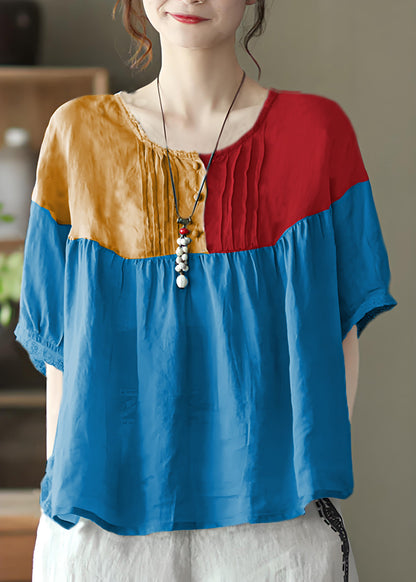 Light Blue Grey Button Linen Tops Half Sleeve