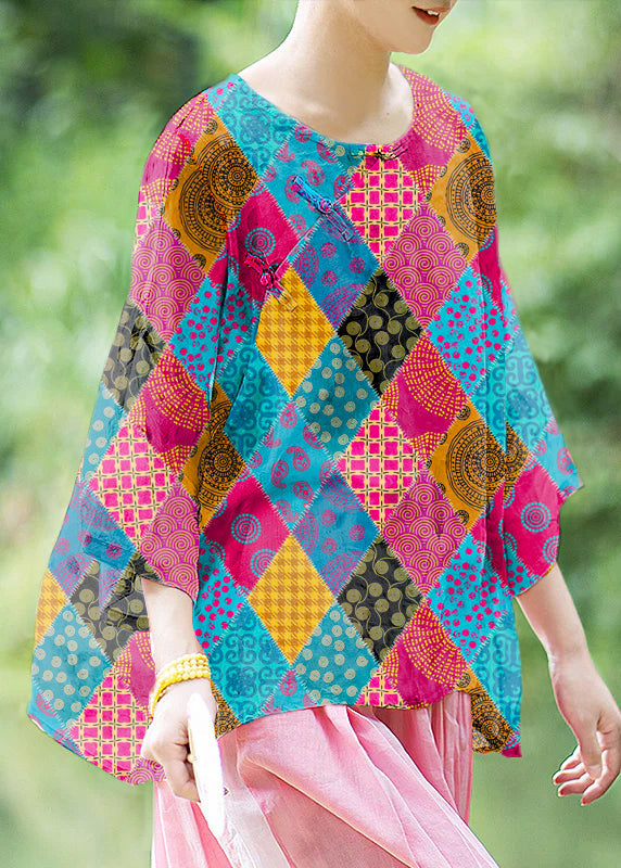 Natural Red Texture O Neck Print Chinese Button Linen Shirt Summer