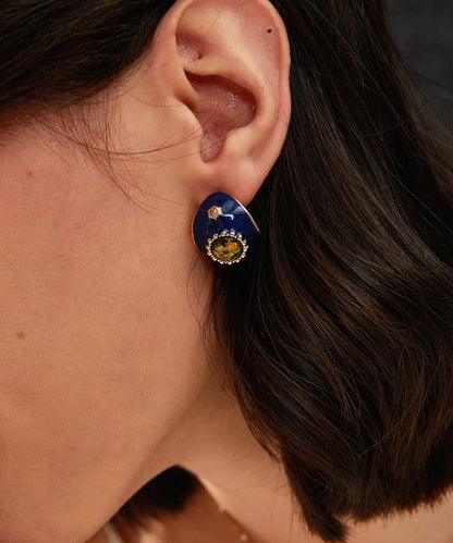 Retro Royal Blue Sterling Silver Overgild Enamel Resin Hoop Earrings