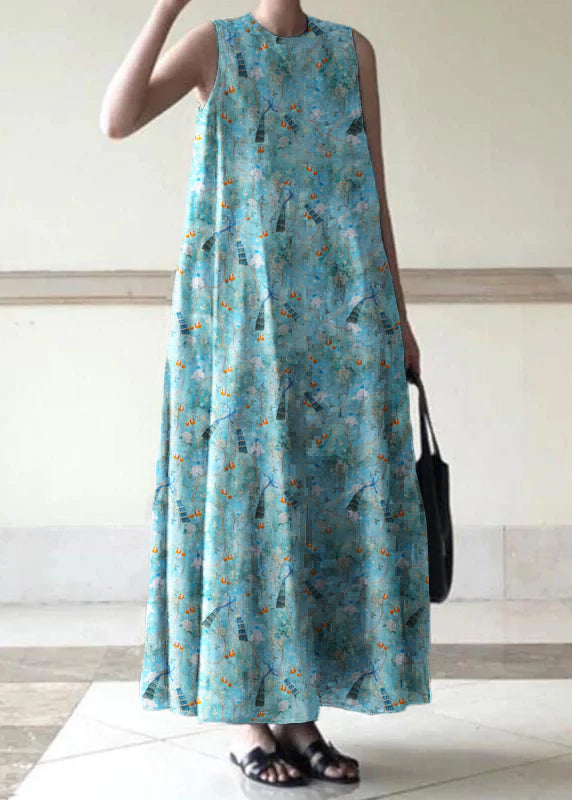 Handmade Green Linen Dresses O Neck Sleeveless Cotton Robes Summer Dresses