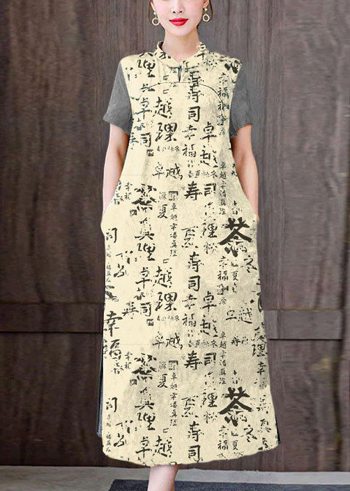 Fitted Yellow Letters Mandarin Collar Print Pockets Silk Long Dresses Short Sleeve