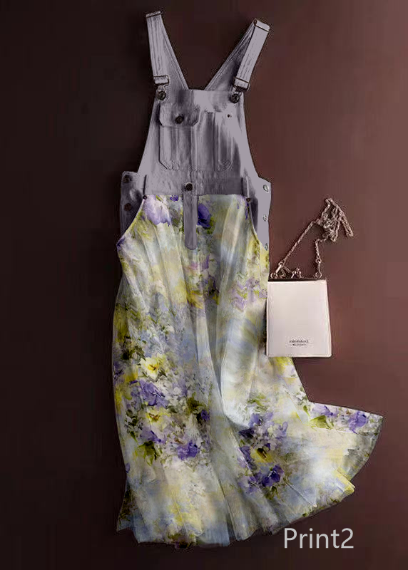 Unique Print2 Tulle Patchwork Denim Strap Dress Summer