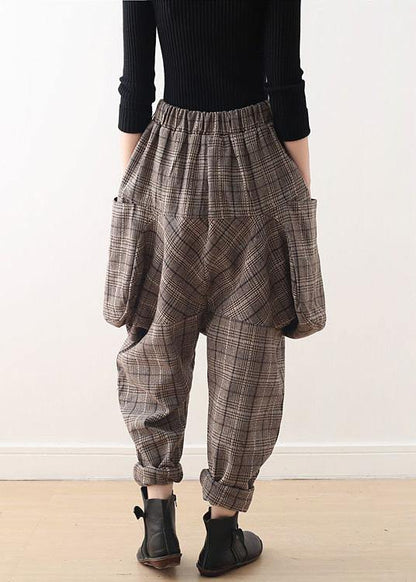 19 Original Design Literary Loose Knitted Brown Plaid Harem Pants