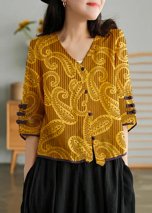 Yellow-striped Pattern Ramie Cardigan Embroidered Shirt