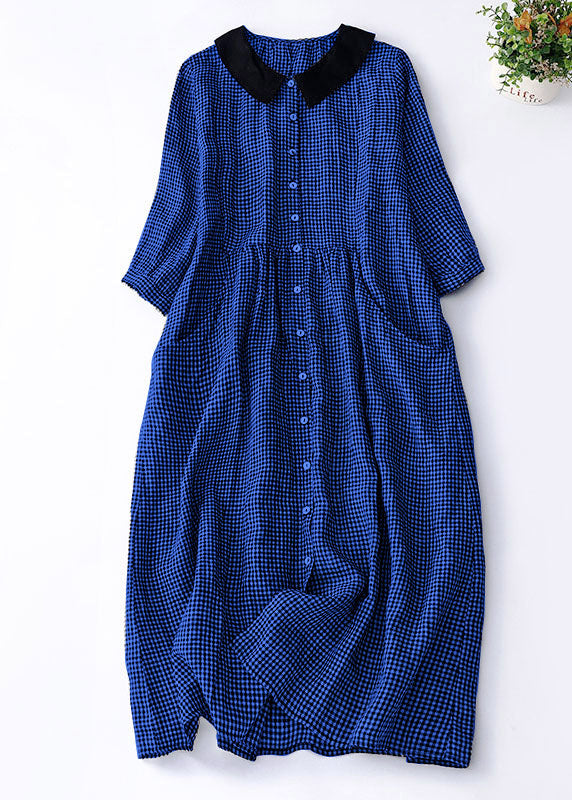 Organic Purple Plaid Peter Pan Collar Patchwork Linen Dresses Summer