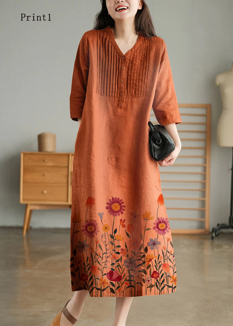 Grey Print6 Loose Linen Long Dresses Button Half Sleeve