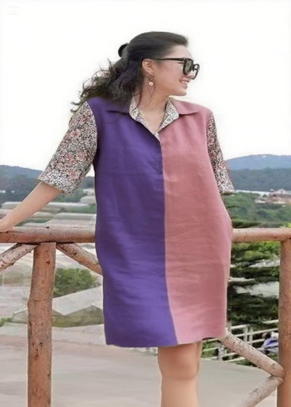 Handmade Grey Pink Flower Peter Pan Collar Patchwork Vacation Mid Dresses Summer