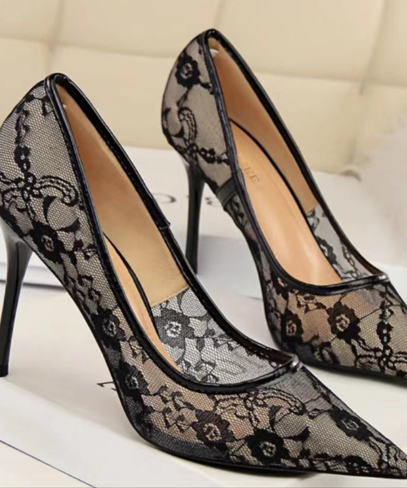 Pointed Toe Stiletto High Heels Female Lace Mesh Bed Hollow Single Shoes Spring New