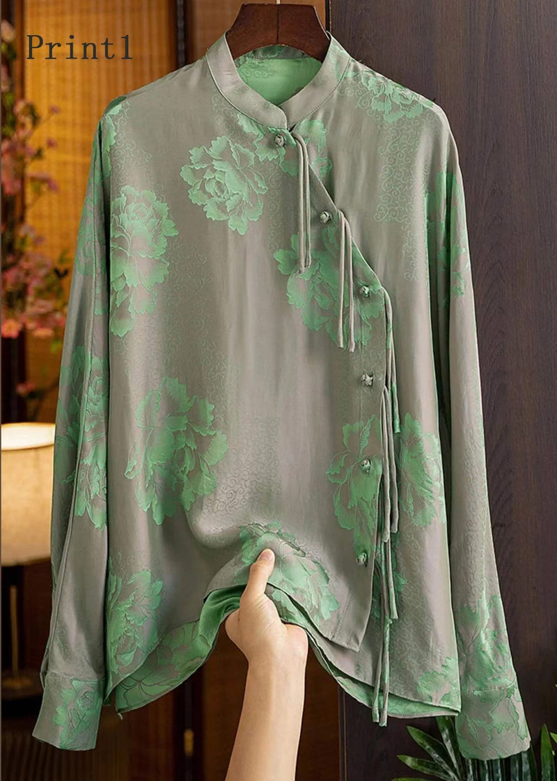 Print4 Mandarin Collar Button Print Silk Shirt Top Spring