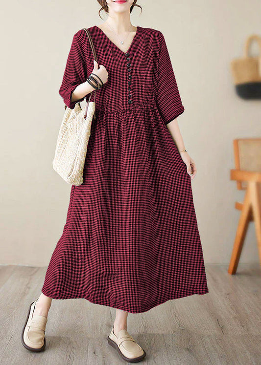 Wine Red V Neck Plaid Patchwork Button Linen Maxi Dresses Summer