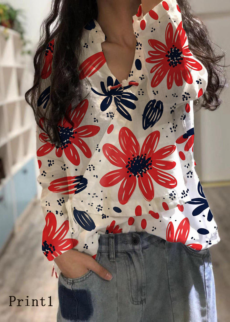 White-print2 Linen Blouse V Neck Fall Top