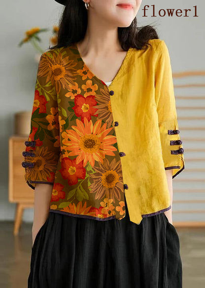 Yellow-striped Pattern Ramie Cardigan Embroidered Shirt