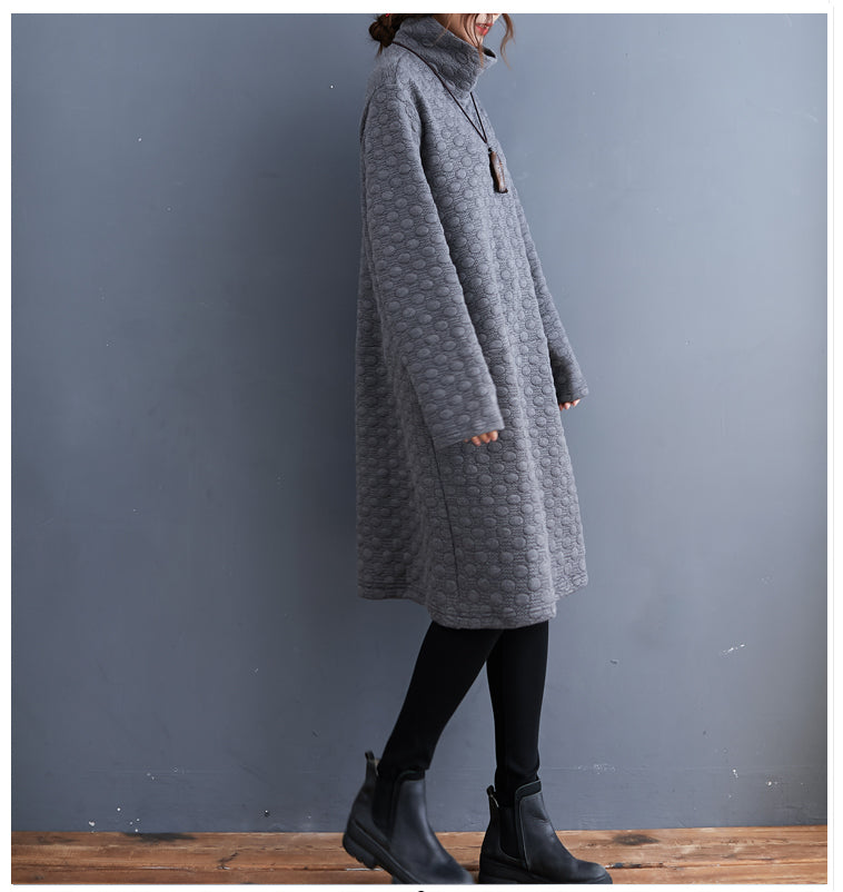 New Oversize Cotton Clothing Dresses Long Sleeve Turtleneck Pockets Dress