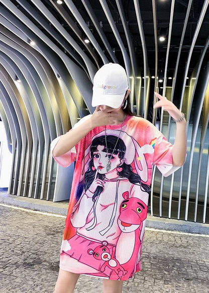 Loose Pink Character Print Clothes O Neck Dresses