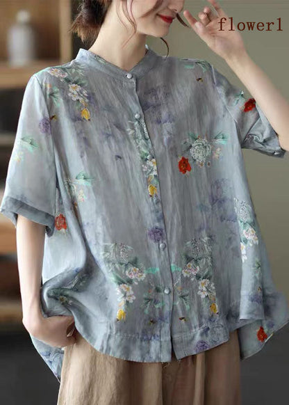 Purple Flower Stand Collar Print Tops Half Sleeve