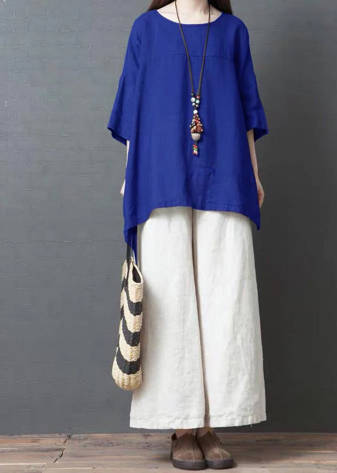 Handmade Royal Blue Linen Cotton Low High Design Shirt Top