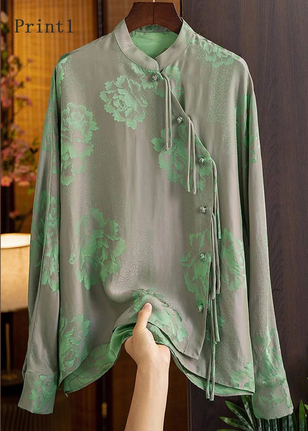 Beautiful Green-Print3 Mandarin Collar Button Print Silk Shirt Top Spring