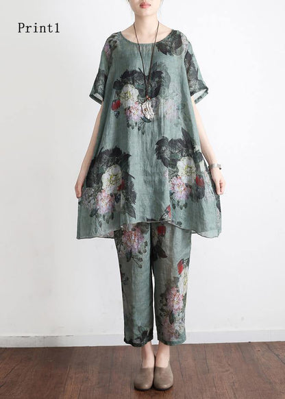 New Loose Green Print Short Sleeve Shirt Pants Linen Set