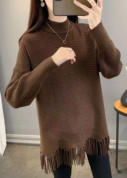 Art Chocolate Tasseled Asymmetrical Design Loose Fall Knit Dress