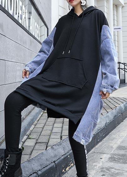 French Hooded Asymmetric Clothes For Women Work Outfits Black A Line Tops