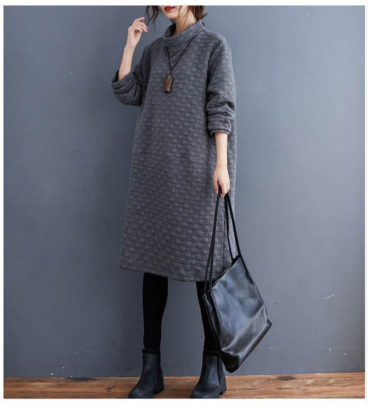 New Oversize Cotton Clothing Dresses Long Sleeve Turtleneck Pockets Dress