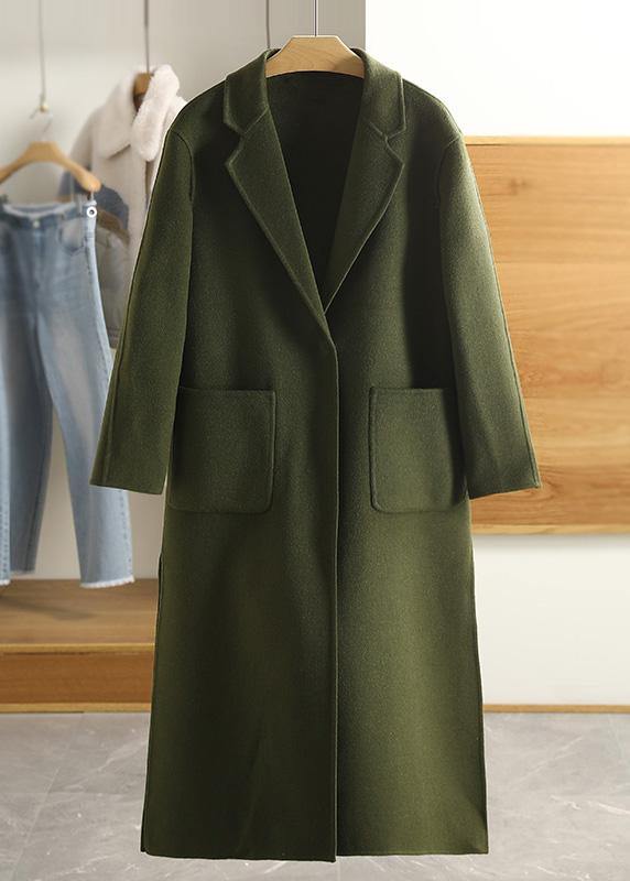 Army Green Wool Overcoat Notched Pockets Winter Coat