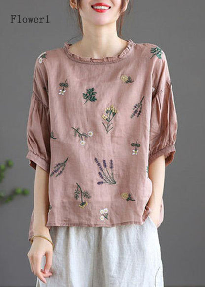 Modern Pink-flower2 Regular Embroideried Summer Half Sleeve