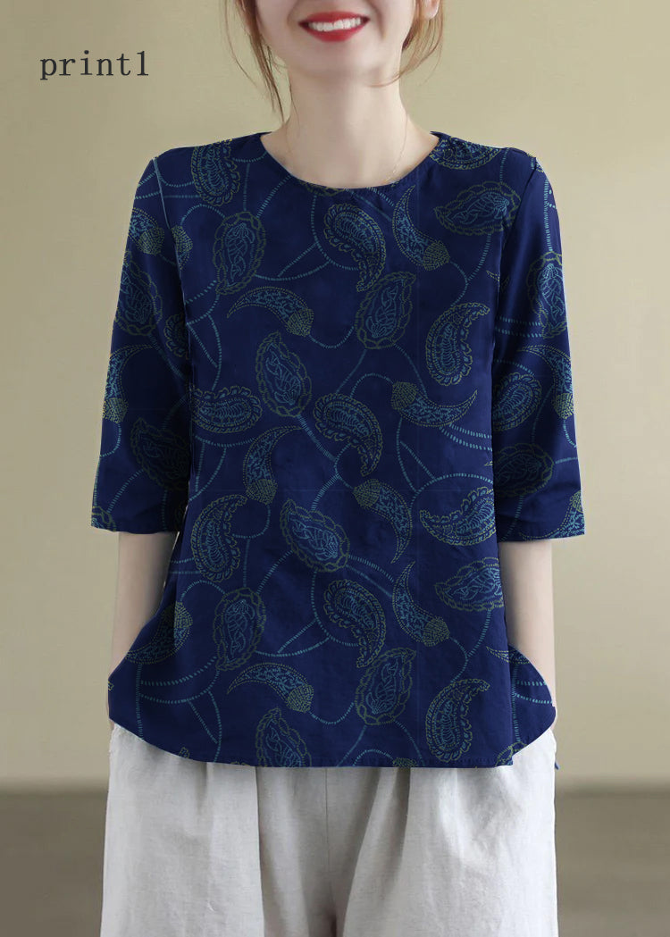 French Print4 O-neck Embroideried Cotton Blouses Half Sleeve