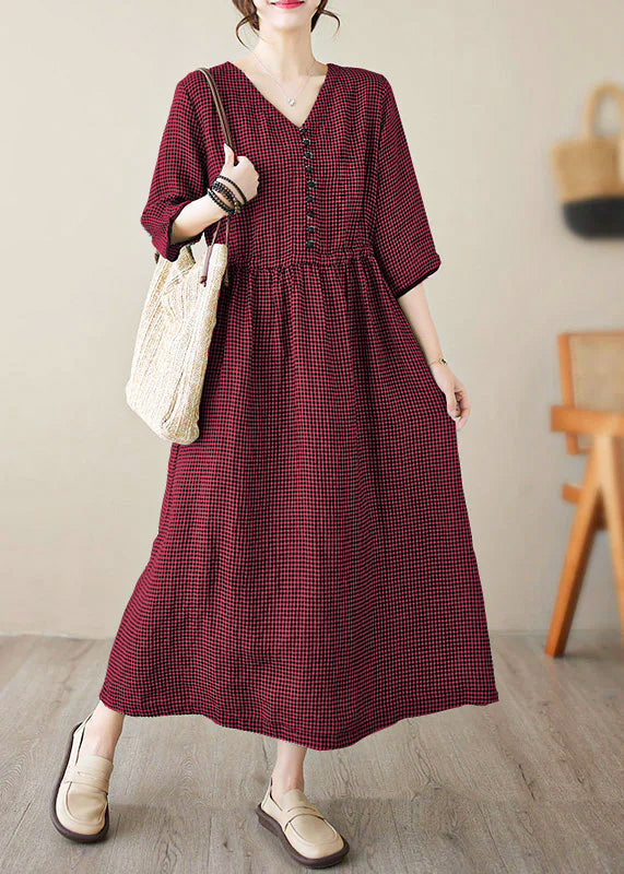 V Neck Plaid Patchwork Button Linen Maxi Dresses Summer