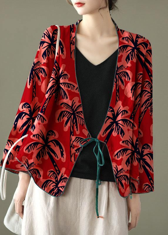Red-fan Pattern Embroideried Long Sleeve Linen Shirt