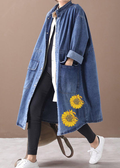 French Denim Blue-lace Box Coat Shape Stand Collar Drawstring Coat