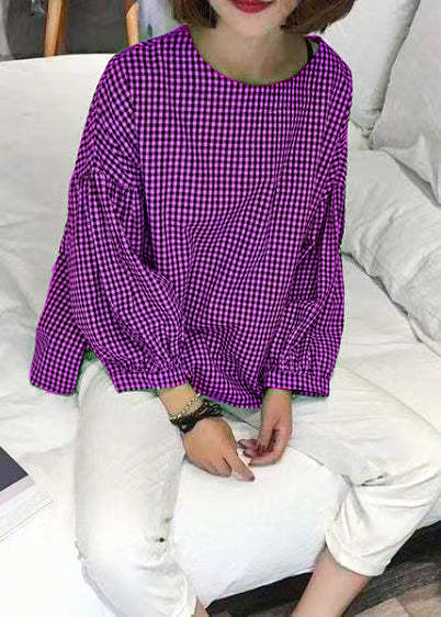 French Blue Plaid Cotton Fine Sewing Asymmetric Clothing Blouse