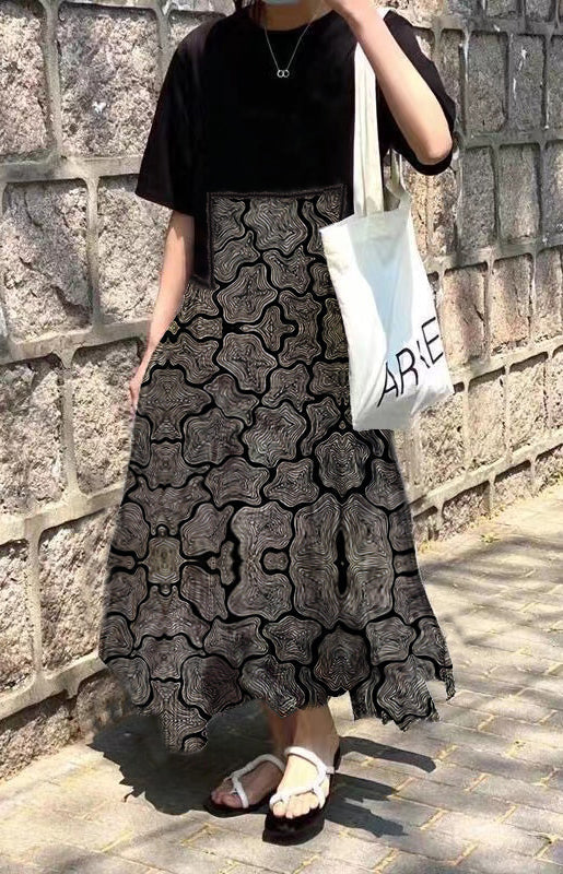 Green Print O-neck Asymmetrical Plaid Mosaic Dress