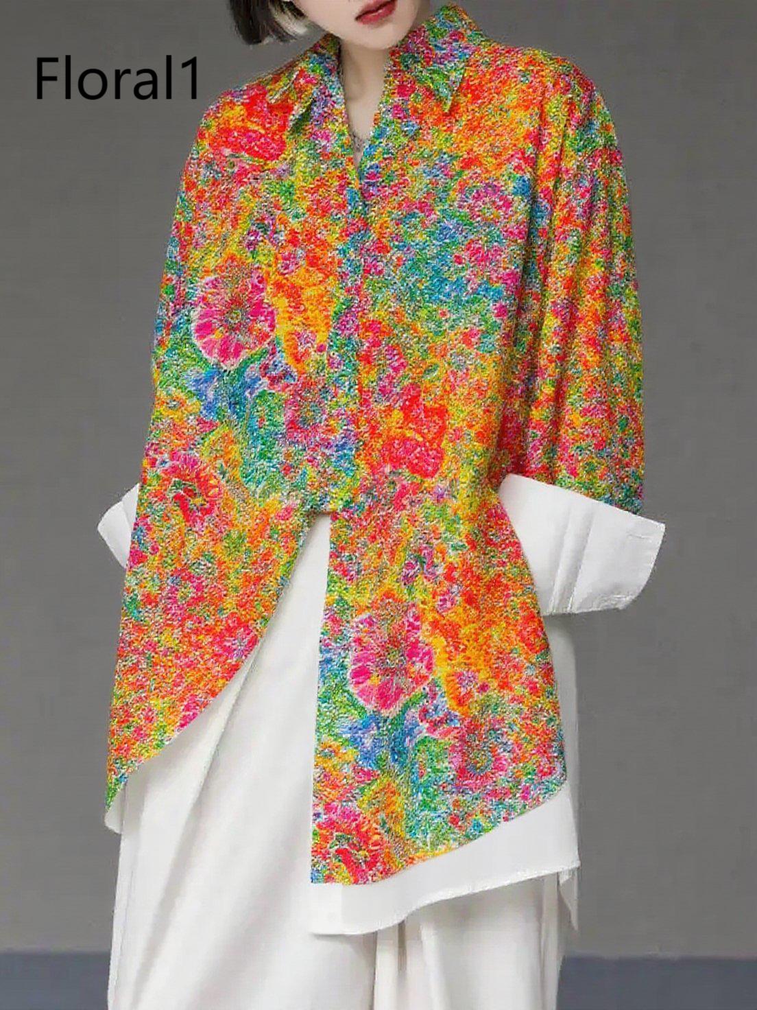 Unique Floral4 Asymmetrical Design Side Open Cotton Long Shirts Spring