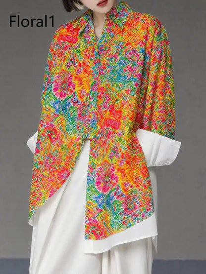 Unique Floral4 Asymmetrical Design Side Open Cotton Long Shirts Spring