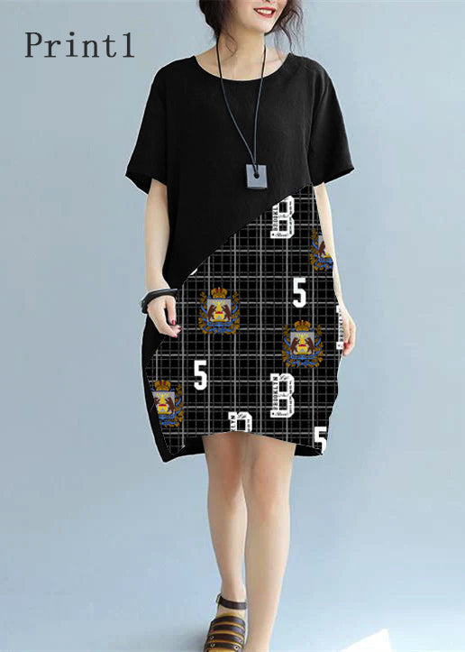 Fine Black Patchwork Linen Shift Dress Loose Fitting Cotton Clothing Dress Short Sleeve Wild Prints Knee Dresses