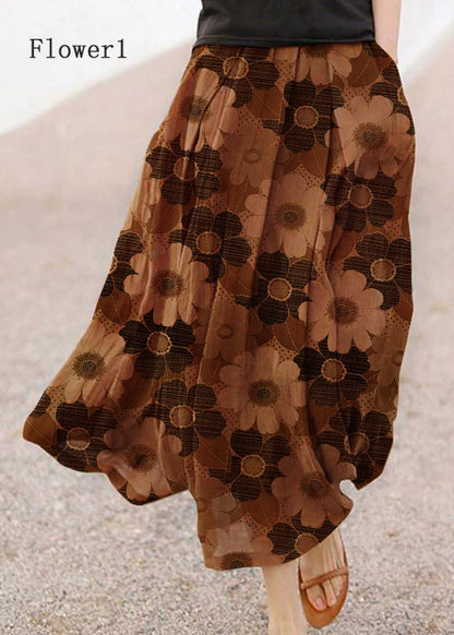 Retro Chocolate-flower4 Print Pockets Linen Skirt Summer